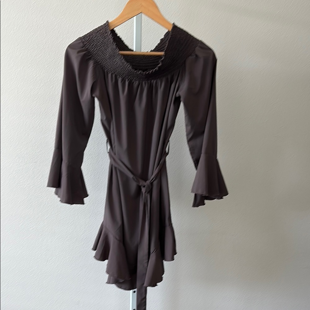 CBR Dress L Brown Off Shoulder Ruffle Bell Sleeve Romantic Dark Fairy Whimsigoth - Picture 9 of 15